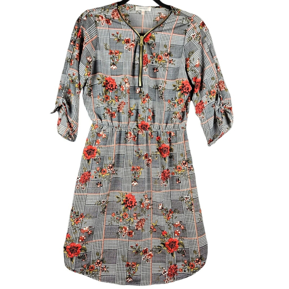 Stella Tweed Women’s Plaid Floral Dress - Size Small - 3/4 Sleeve Elastic Waist